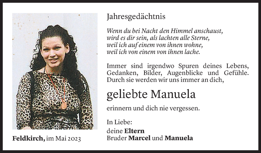  Todesanzeige für Manuela Padjen vom 26.05.2023 aus Vorarlberger Nachrichten