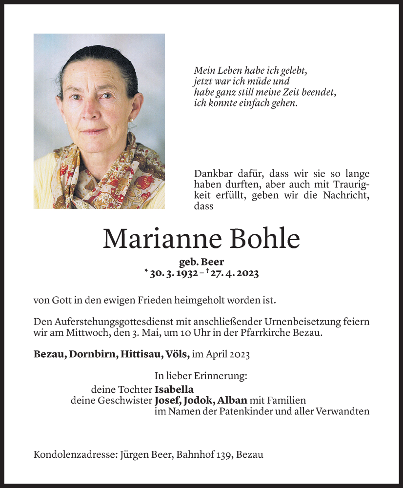  Todesanzeige für Marianne Bohle vom 01.05.2023 aus Vorarlberger Nachrichten