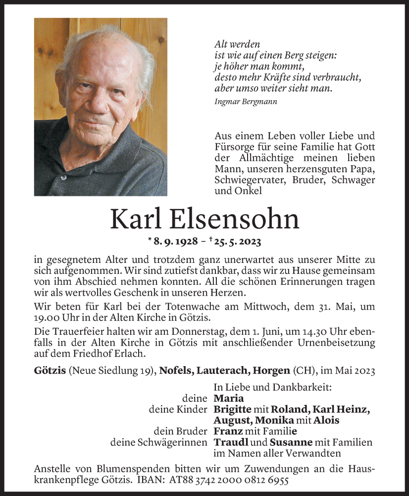  Todesanzeige für Karl Elsensohn vom 30.05.2023 aus Vorarlberger Nachrichten