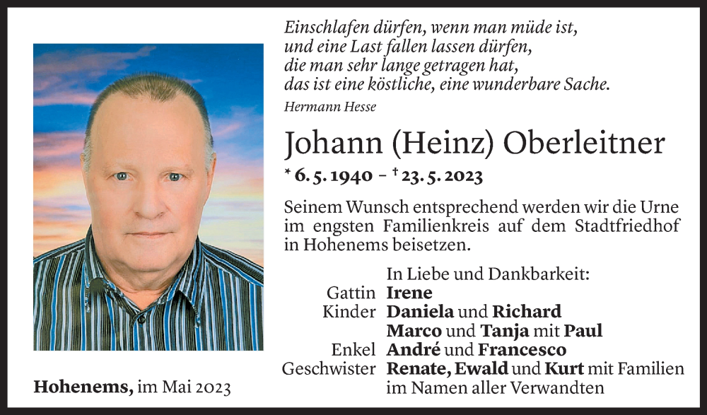  Todesanzeige für Johann Oberleitner vom 27.05.2023 aus Vorarlberger Nachrichten