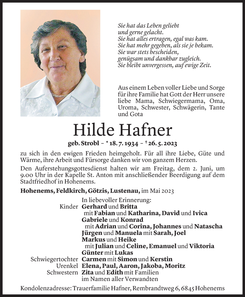  Todesanzeige für Hilde Hafner vom 31.05.2023 aus Vorarlberger Nachrichten