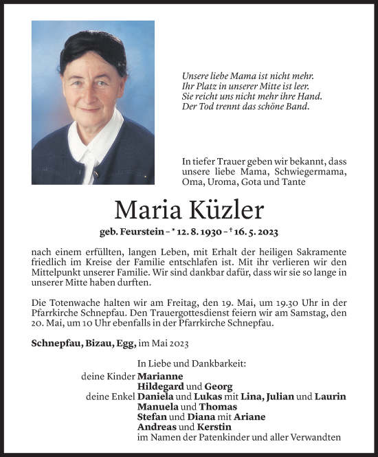 Todesanzeige von Maria Küzler von Vorarlberger Nachrichten