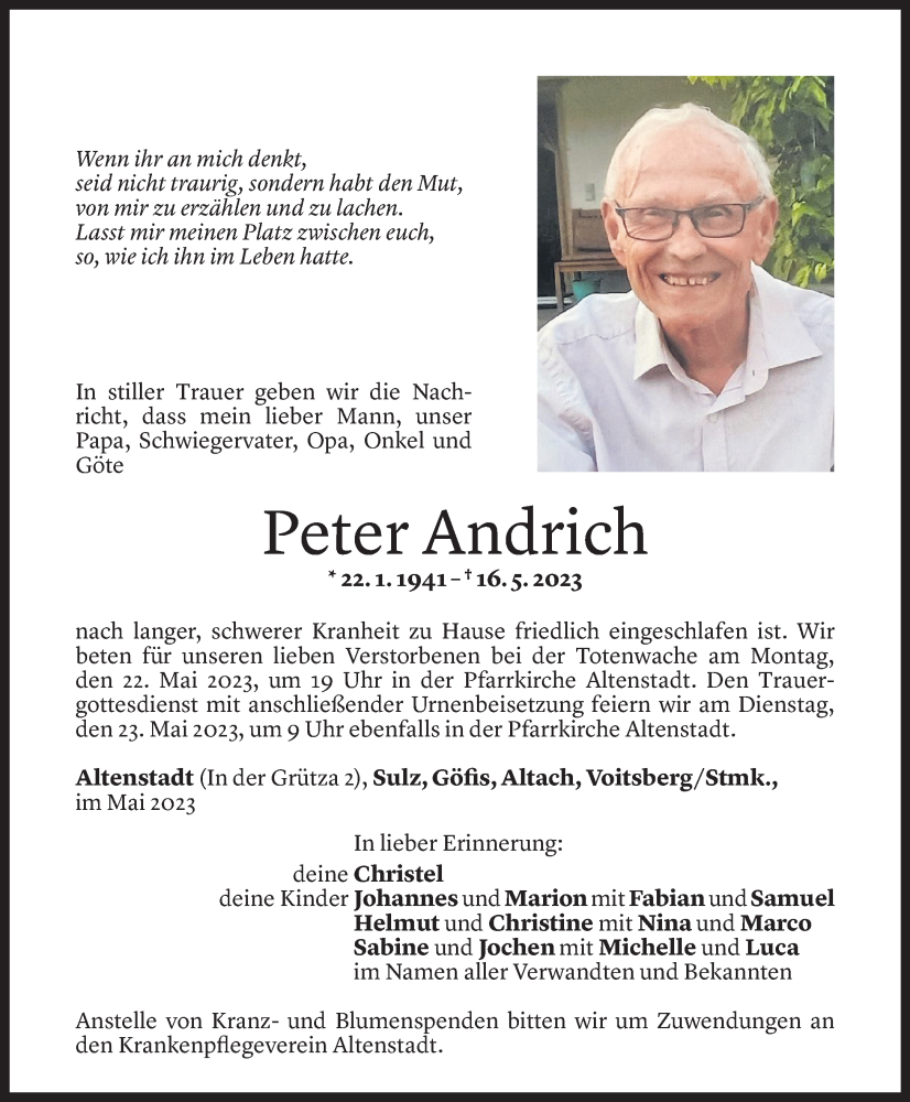  Todesanzeige für Peter Andrich vom 19.05.2023 aus Vorarlberger Nachrichten