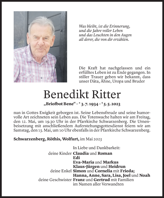 Todesanzeige von Benedikt Ritter von Vorarlberger Nachrichten