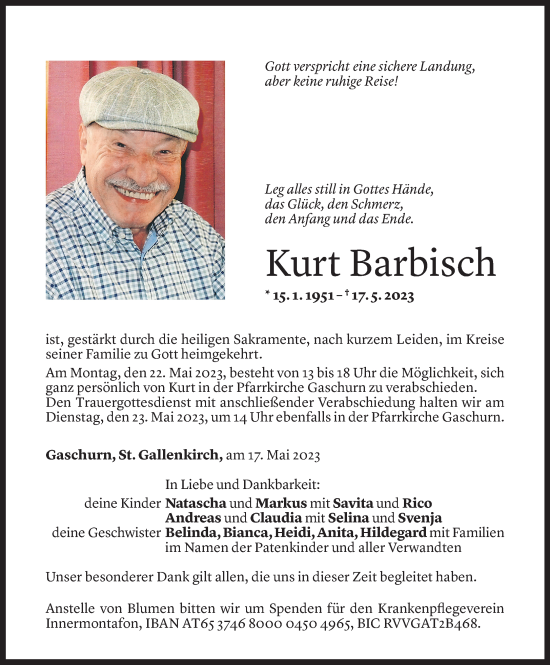Todesanzeige von Kurt Barbisch von Vorarlberger Nachrichten