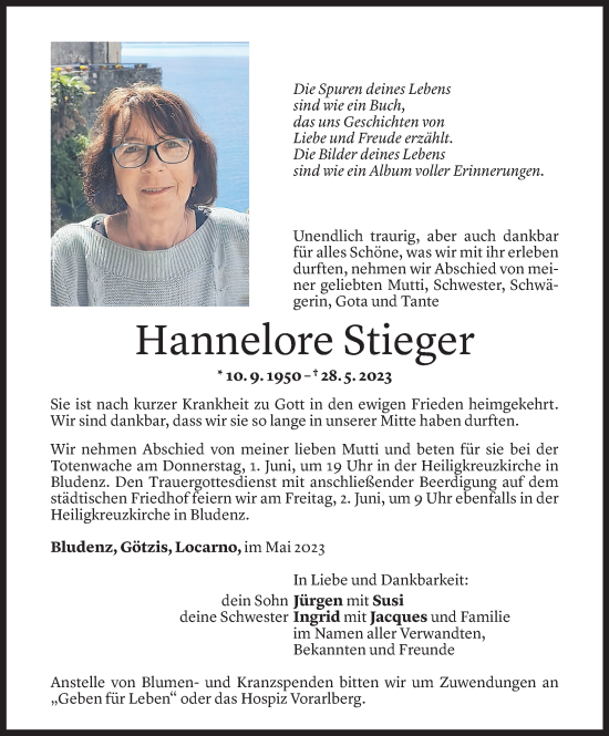 Todesanzeigen von Hannelore Stieger | Todesanzeigen Vorarlberger ...