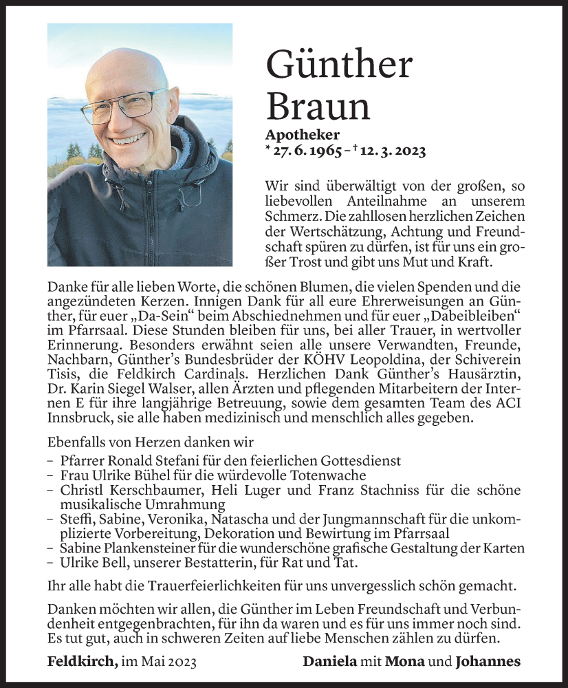  Todesanzeige für Günther Braun vom 05.05.2023 aus Vorarlberger Nachrichten