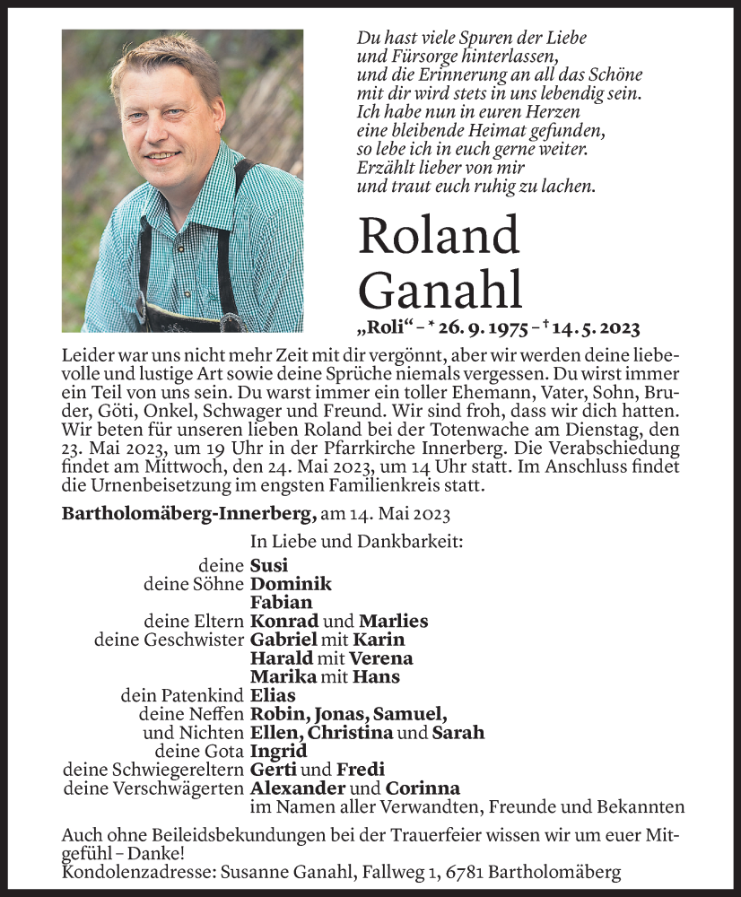  Todesanzeige für Roland Ganahl vom 20.05.2023 aus Vorarlberger Nachrichten