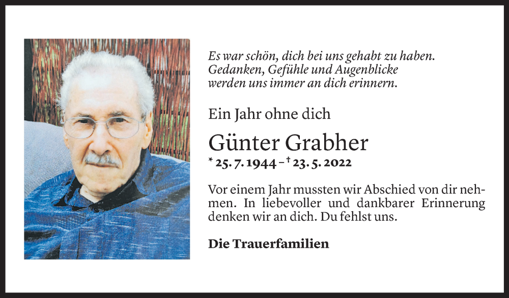  Todesanzeige für Günter Grabher vom 25.05.2023 aus Vorarlberger Nachrichten
