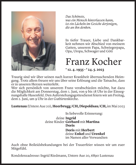 Todesanzeige von Franz Kocher von Vorarlberger Nachrichten