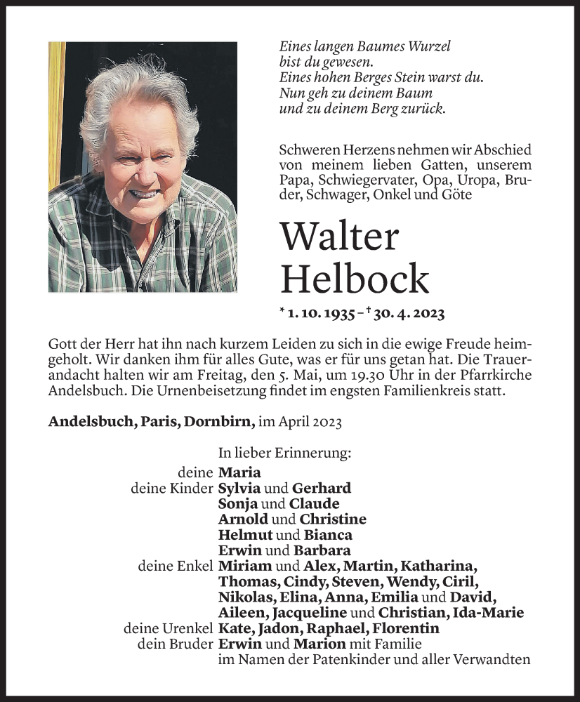  Todesanzeige für Walter Helbock vom 04.05.2023 aus Vorarlberger Nachrichten
