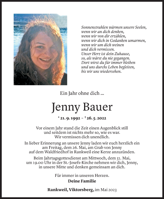 Todesanzeige von Jenny Bauer von Vorarlberger Nachrichten