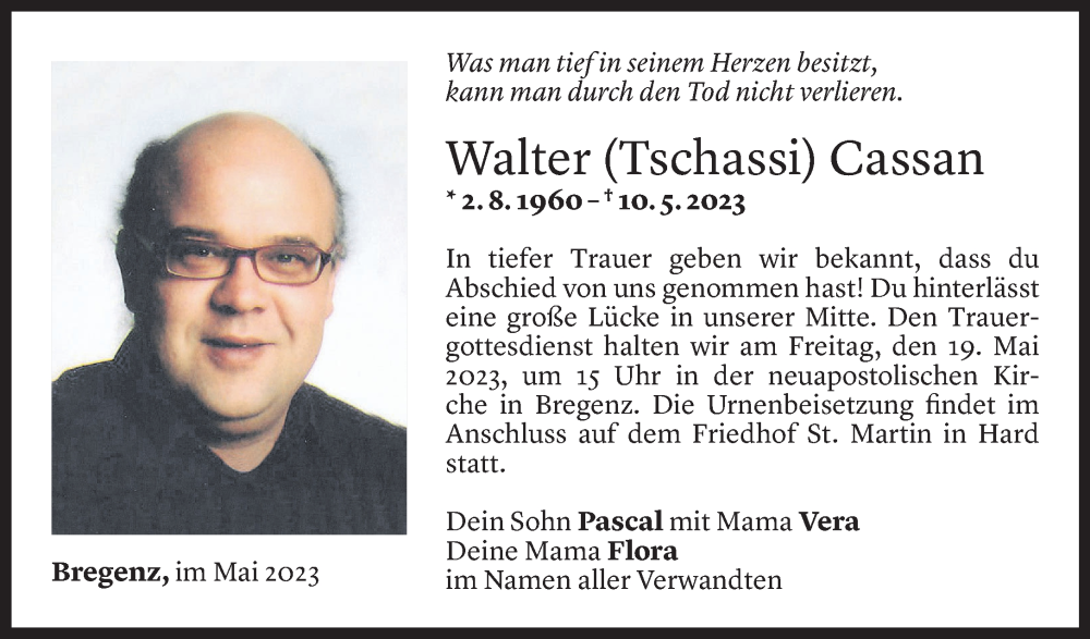  Todesanzeige für Walter Cassan vom 16.05.2023 aus Vorarlberger Nachrichten