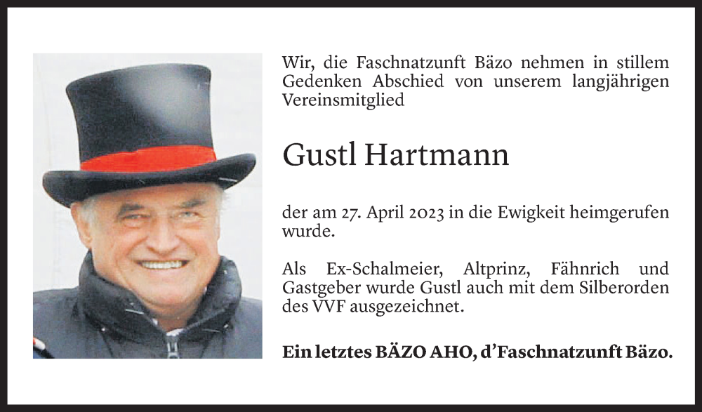  Todesanzeige für Gustl Hartmann vom 01.05.2023 aus Vorarlberger Nachrichten