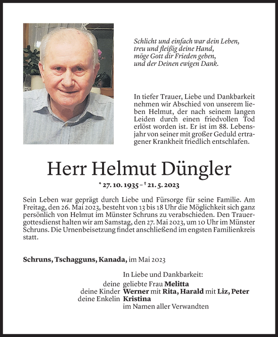 Todesanzeige von Helmut Düngler von Vorarlberger Nachrichten