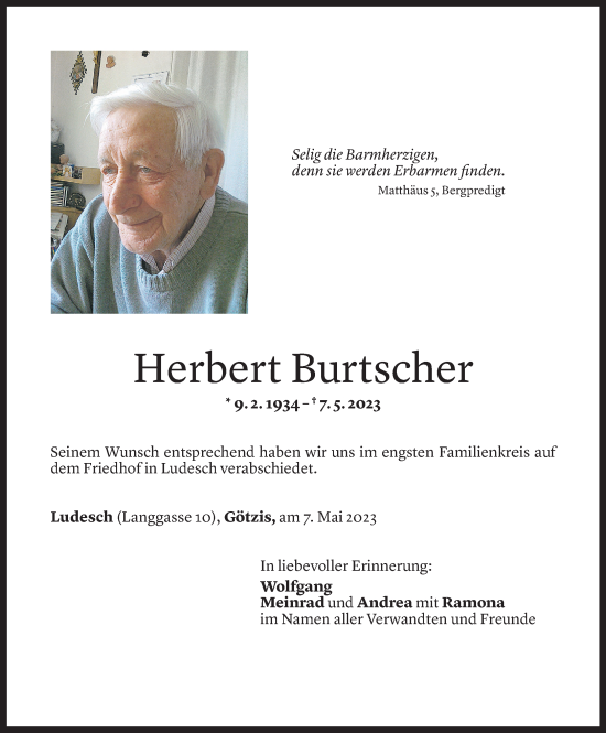 Todesanzeige von Herbert Burtscher von Vorarlberger Nachrichten