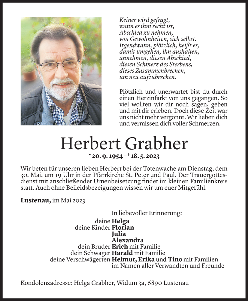  Todesanzeige für Herbert Grabher vom 27.05.2023 aus Vorarlberger Nachrichten