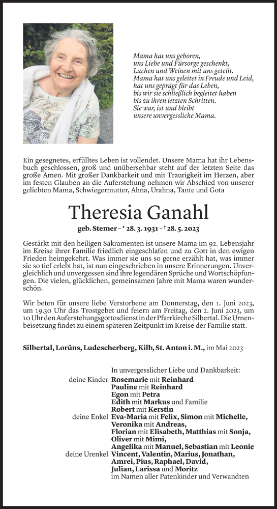 Todesanzeige von Theresia Ganahl von Vorarlberger Nachrichten