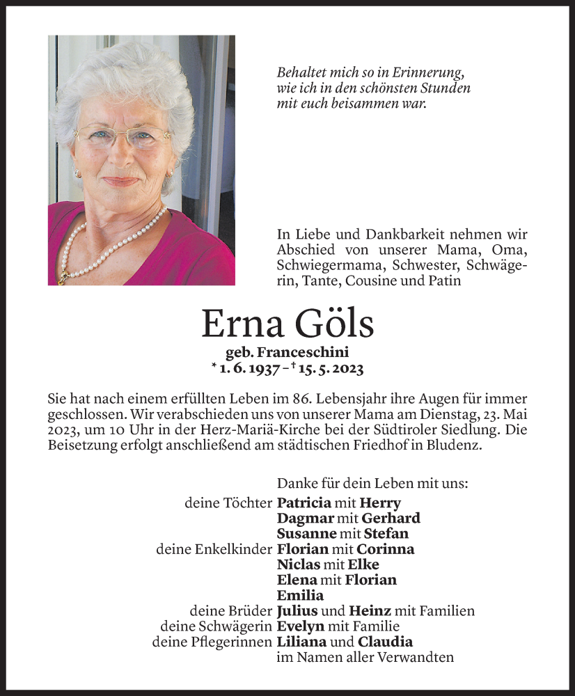  Todesanzeige für Erna Göls vom 19.05.2023 aus Vorarlberger Nachrichten