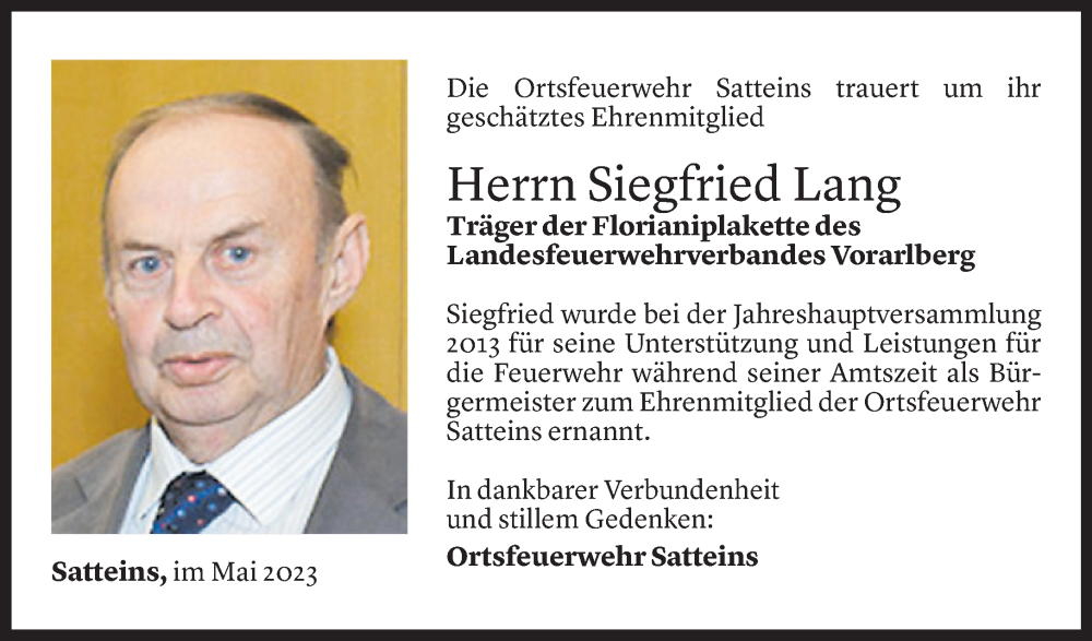  Todesanzeige für Siegfried Lang vom 10.05.2023 aus Vorarlberger Nachrichten