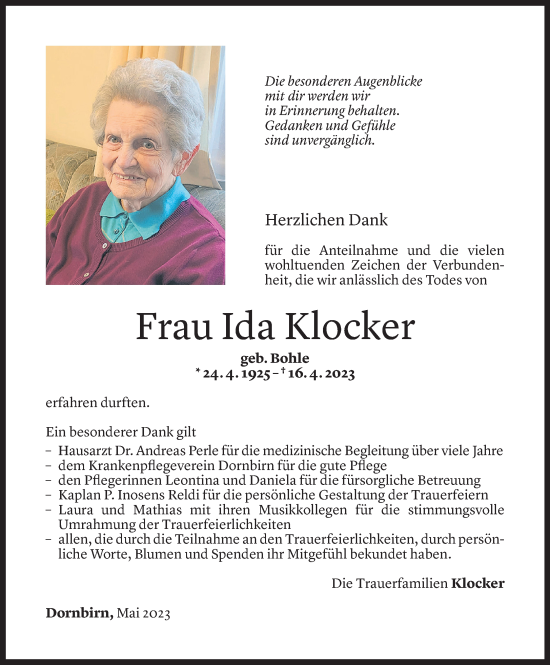 Todesanzeigen Von Ida Klocker | Todesanzeigen Vorarlberger Nachrichten