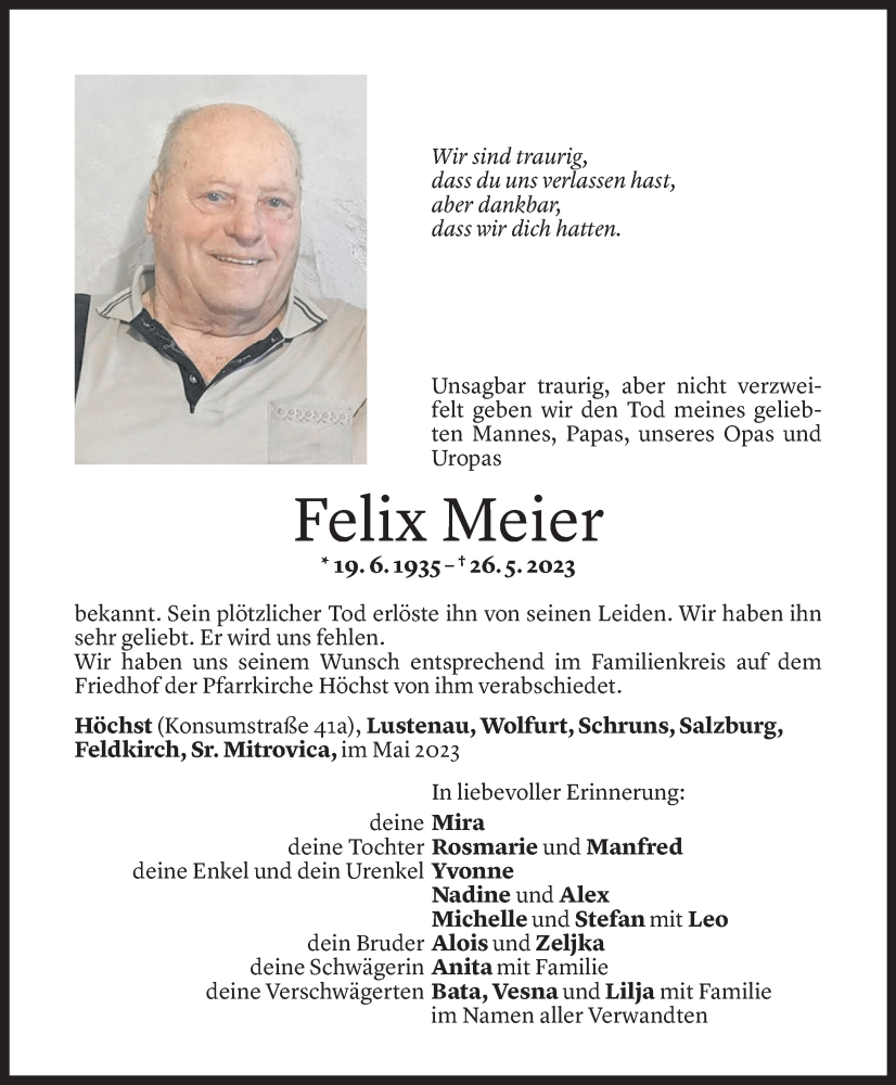  Todesanzeige für Felix Meier vom 03.06.2023 aus Vorarlberger Nachrichten