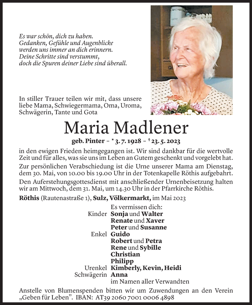  Todesanzeige für Maria Madlener vom 27.05.2023 aus Vorarlberger Nachrichten