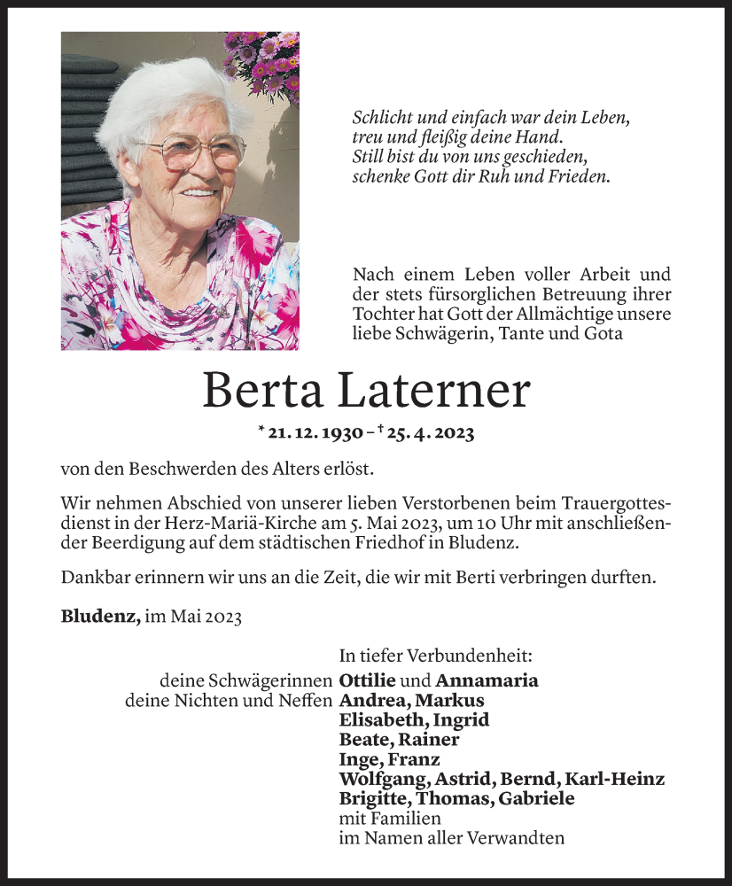  Todesanzeige für Berta Laterner vom 03.05.2023 aus Vorarlberger Nachrichten