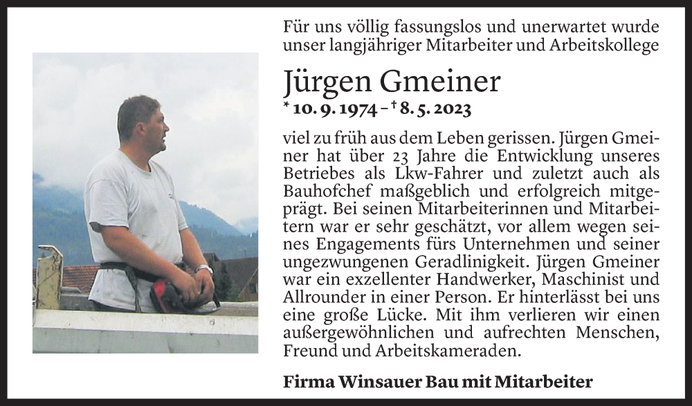  Todesanzeige für Jürgen Gmeiner vom 11.05.2023 aus Vorarlberger Nachrichten