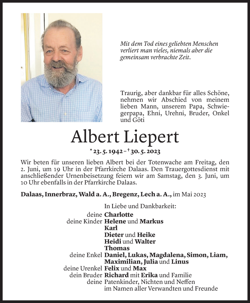  Todesanzeige für Albert Liepert vom 01.06.2023 aus Vorarlberger Nachrichten
