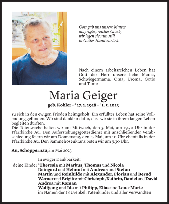 Todesanzeige von Maria Geiger von Vorarlberger Nachrichten