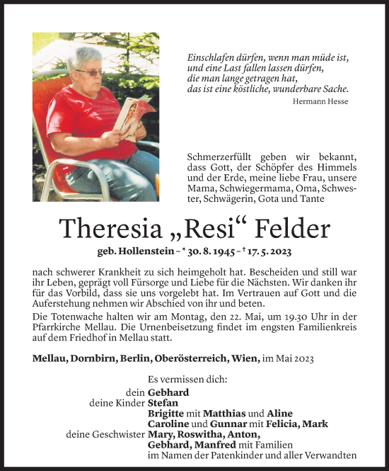 Todesanzeige von Theresia Felder von Vorarlberger Nachrichten