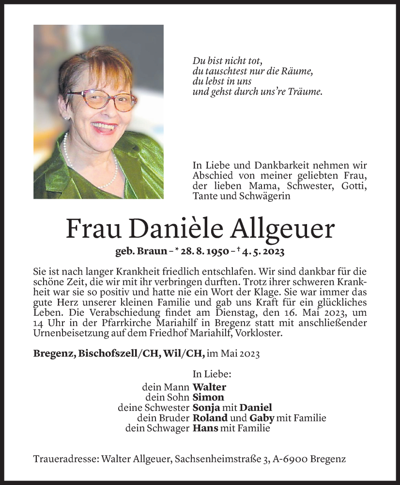  Todesanzeige für Danièle Allgeuer vom 11.05.2023 aus Vorarlberger Nachrichten