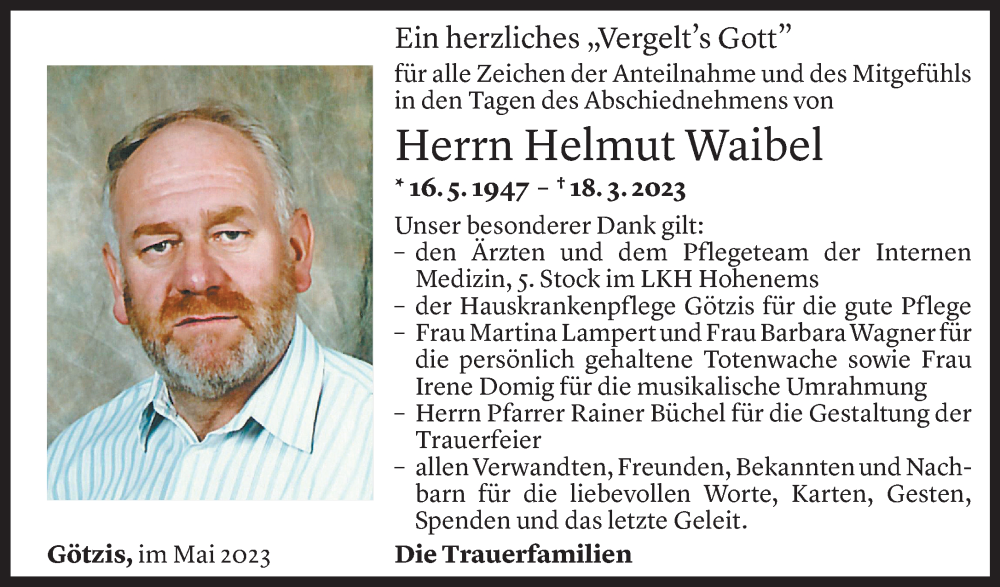  Todesanzeige für Helmut Waibel vom 26.05.2023 aus vorarlberger nachrichten
