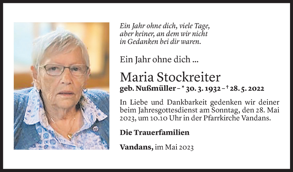  Todesanzeige für Maria Stockreiter vom 27.05.2023 aus Vorarlberger Nachrichten