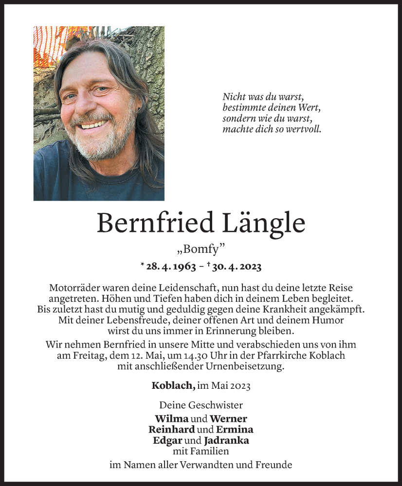  Todesanzeige für Bernfried Längle vom 09.05.2023 aus Vorarlberger Nachrichten
