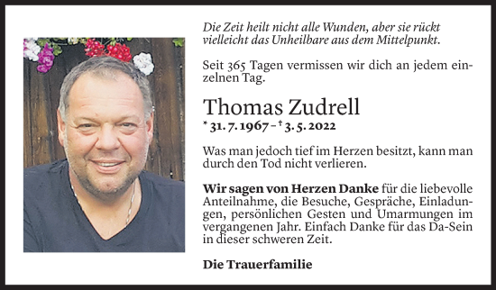 Todesanzeige von Thomas Zudrell von Vorarlberger Nachrichten