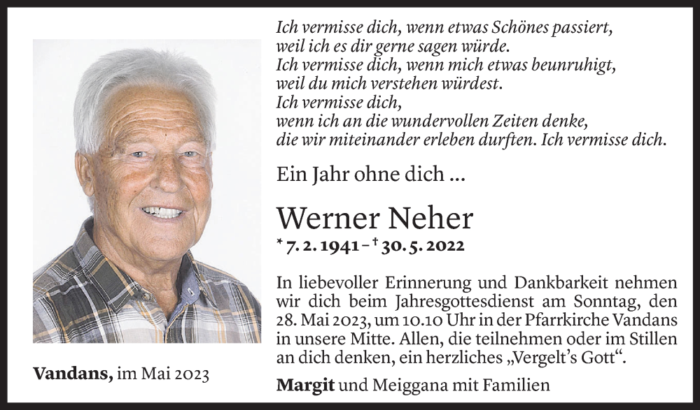  Todesanzeige für Werner Neher vom 19.05.2023 aus Vorarlberger Nachrichten