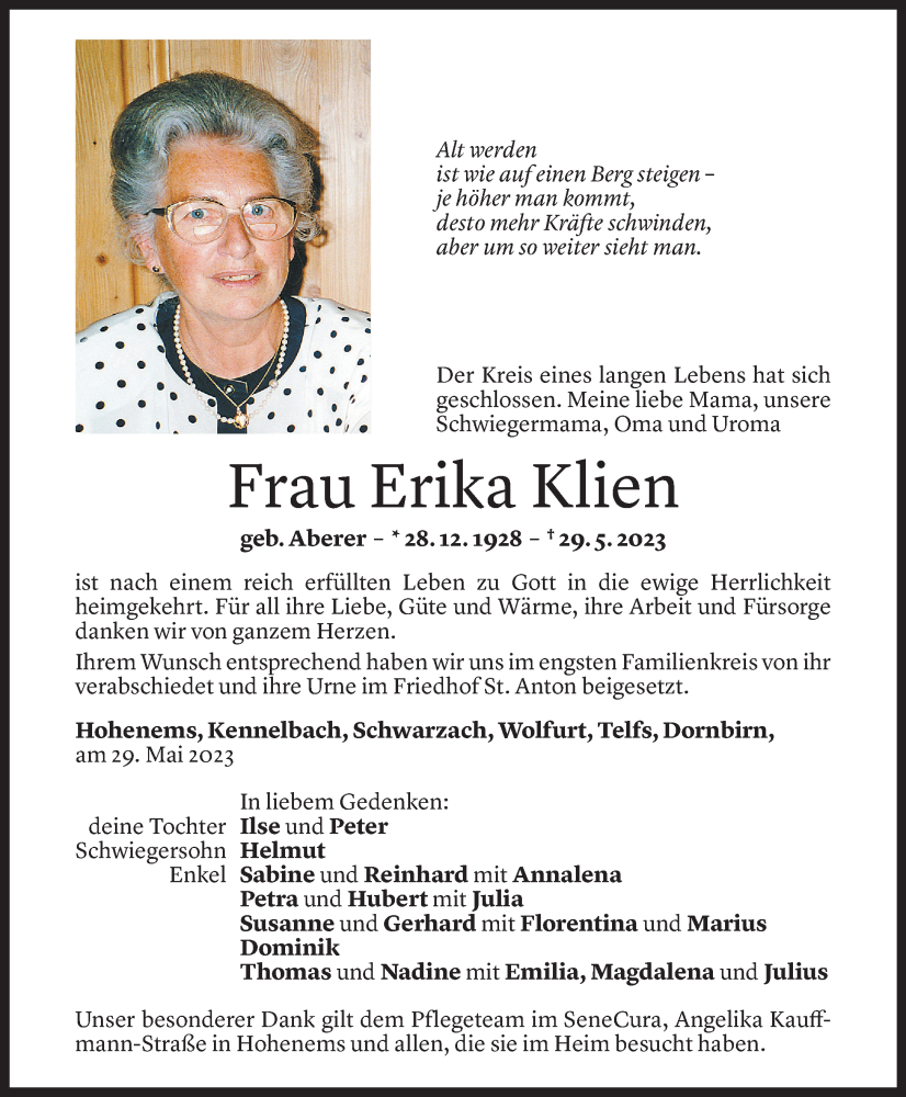  Todesanzeige für Erika Klien vom 03.06.2023 aus Vorarlberger Nachrichten