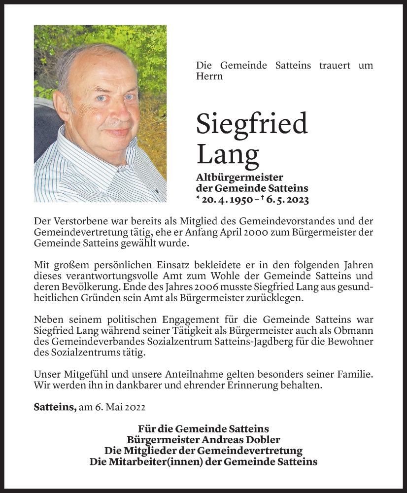  Todesanzeige für Siegfried Lang vom 09.05.2023 aus Vorarlberger Nachrichten