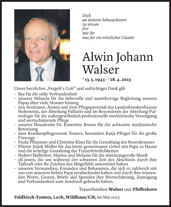 Todesanzeige von Alwin Johann Walser von Vorarlberger Nachrichten