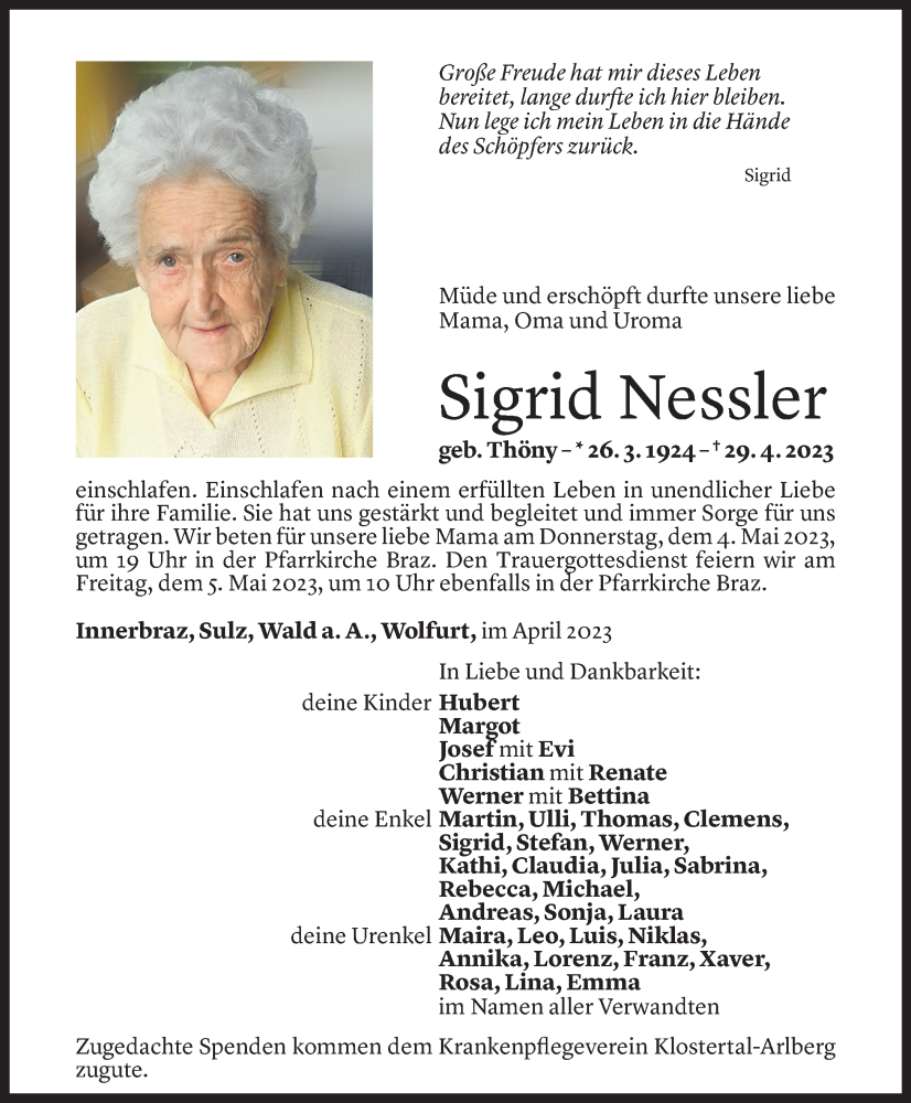  Todesanzeige für Sigrid Nessler vom 03.05.2023 aus Vorarlberger Nachrichten