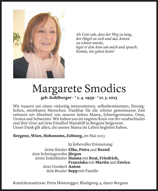 Todesanzeige von Margarete Smodics von Vorarlberger Nachrichten