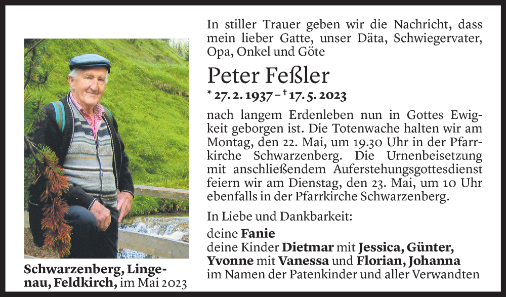  Todesanzeige für Peter Feßler vom 19.05.2023 aus Vorarlberger Nachrichten