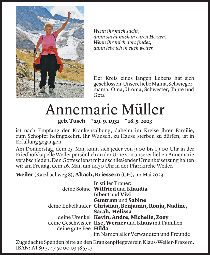 Todesanzeige für Annemarie Müller vom 23.05.2023 aus Vorarlberger Nachrichten