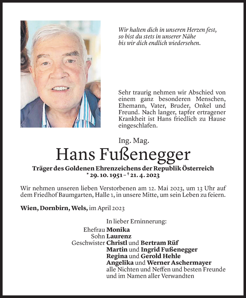  Todesanzeige für Hans Fußenegger vom 10.05.2023 aus Vorarlberger Nachrichten