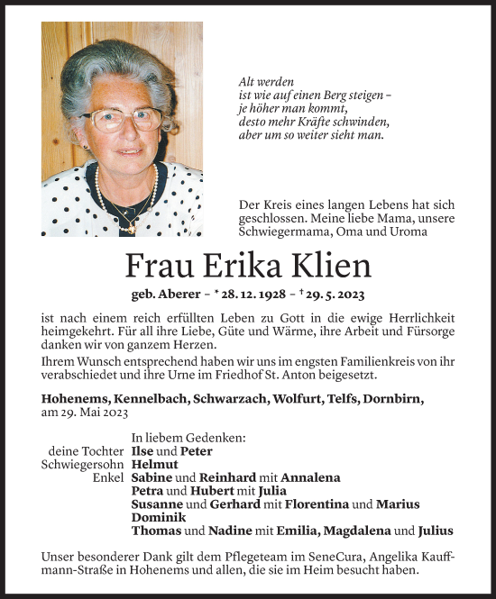 Todesanzeige von Erika Klien von Vorarlberger Nachrichten