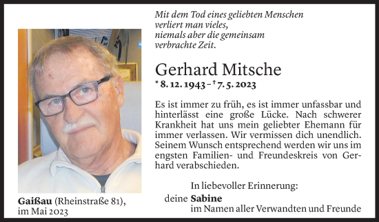 Todesanzeige von Gerhard Mitsche von Vorarlberger Nachrichten