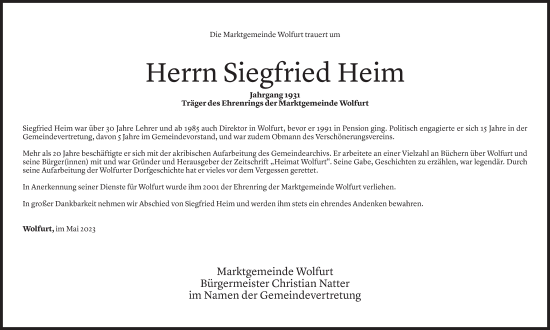 Todesanzeige von Siegfried Heim von Vorarlberger Nachrichten