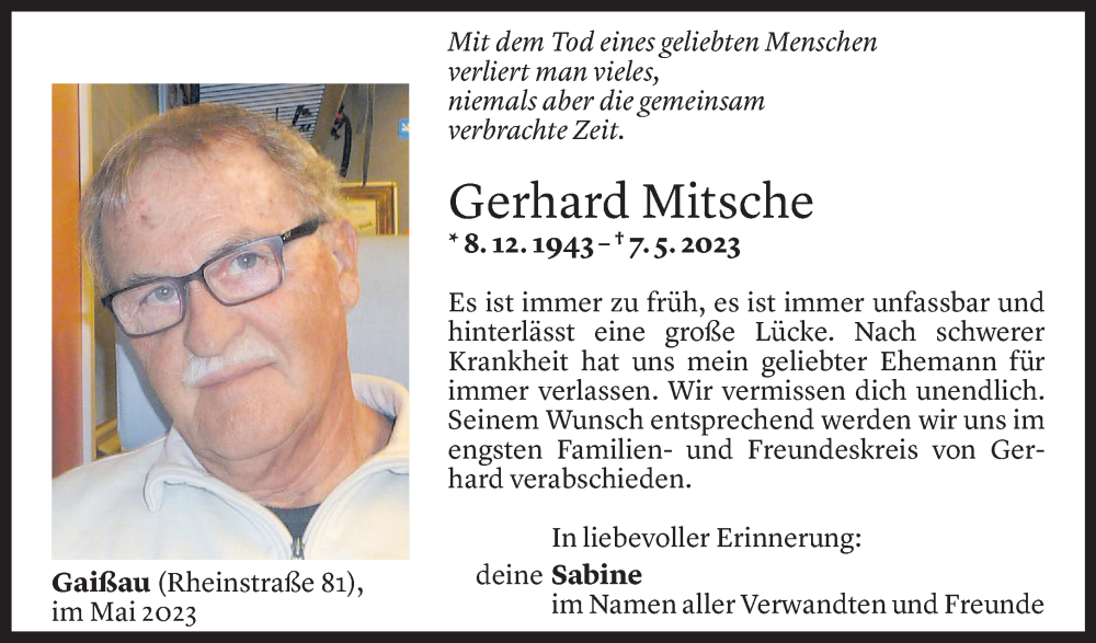  Todesanzeige für Gerhard Mitsche vom 13.05.2023 aus Vorarlberger Nachrichten